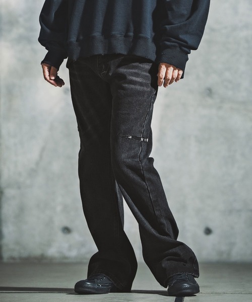 GLIMCLAP ジーンズ mp14141-Vintage Wash Flare Denim - Plaid Repairs