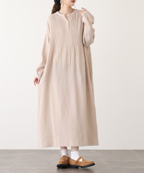 OMNES（オムネス） ワンピース ロング丈 ダブルガーゼピンタック袖