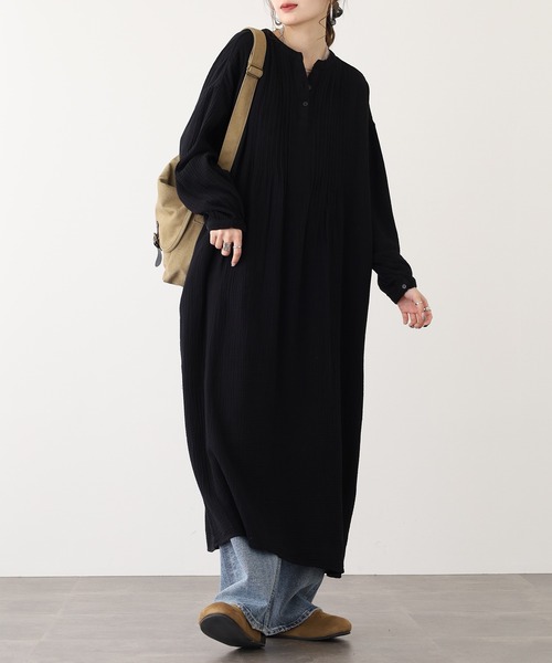 オムオム OMNES（オムネス） ワンピース ロング丈 ダブルガーゼピンタック袖