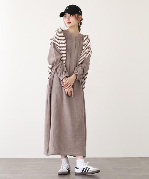 OMNES（オムネス） ワンピース ロング丈 ダブルガーゼピンタック袖