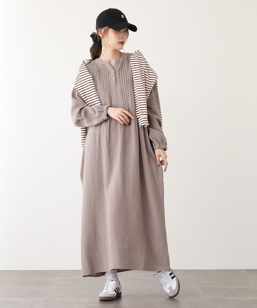 OMNES（オムネス） ワンピース ロング丈 ダブルガーゼピンタック袖