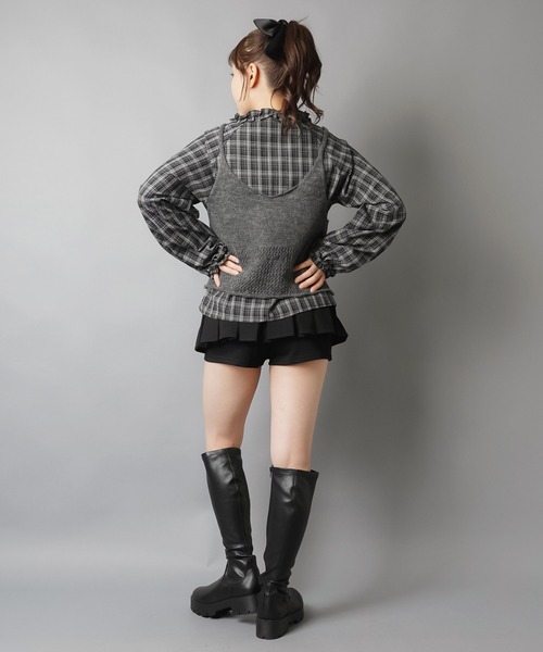 【美品】ヘンリクビブスコフ　変形　シャツ　カットソー　チェック　オーバーサイズ SPINNS（スピンズ） ブラウス シャツ 長袖チェックブラウス+ビスチェ