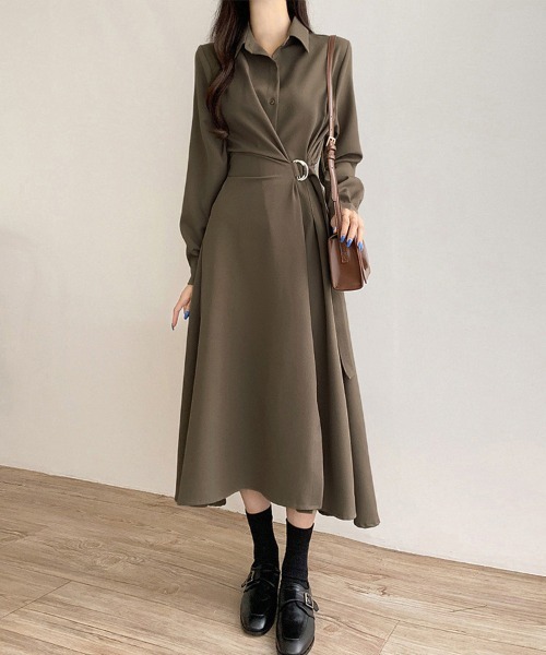 シャツワンピース ベルト付きAラインラップシャツワンピース