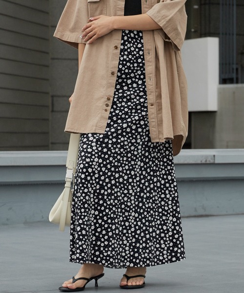 Chick ロング スカート 夏 Small Flower Pattern Fine Pleats Straight