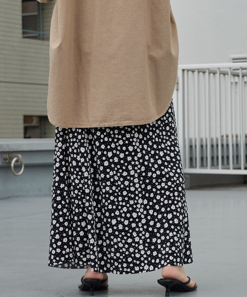 Chick ロング スカート 夏 Small Flower Pattern Fine Pleats Straight
