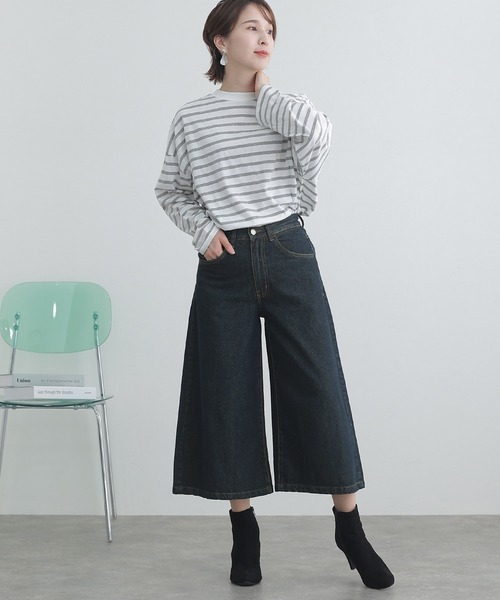 ElegChic ジーンズ デニム デニムパンツ ミモレ丈ワイドパンツ