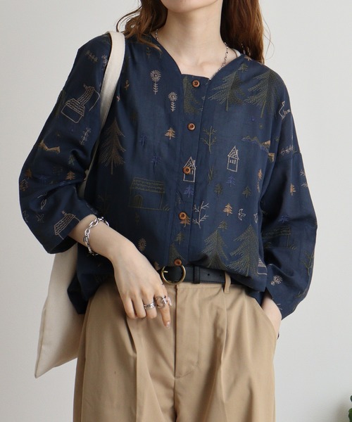 カーディガン EMAGO 山と植物総柄刺繍レイヤー風カーデ レディース Emago カーディガン EMAGO 山と植物総柄刺繍レイヤー風カーデ