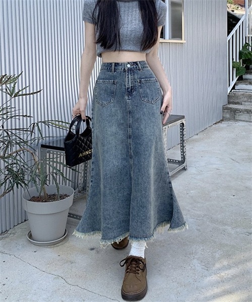 FREE STYLISTS デニムスカート 裾フリンジ マーメイドデニムスカート
