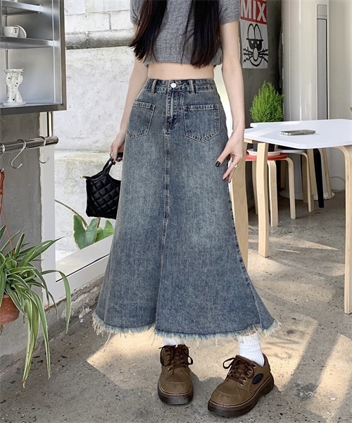 デニムフリンジマキシスカート デニムスカート fringe stitch denim long skirt /フリンジパターン