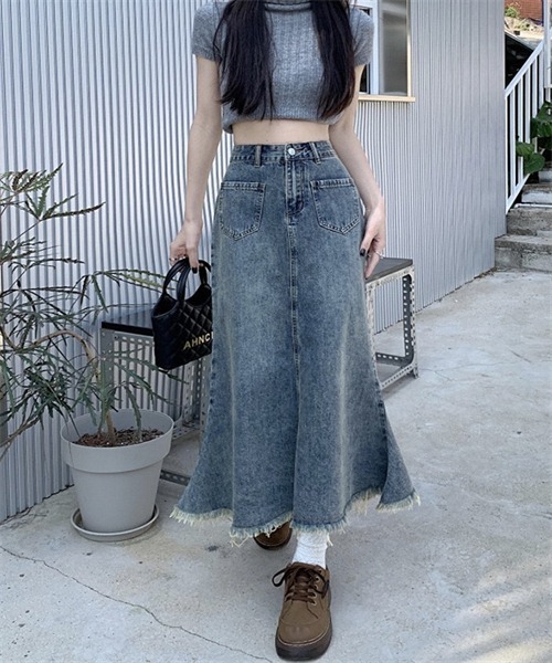 FREE STYLISTS デニムスカート 裾フリンジ マーメイドデニムスカート