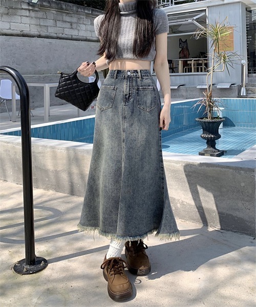 FREE STYLISTS デニムスカート 裾フリンジ マーメイドデニムスカート