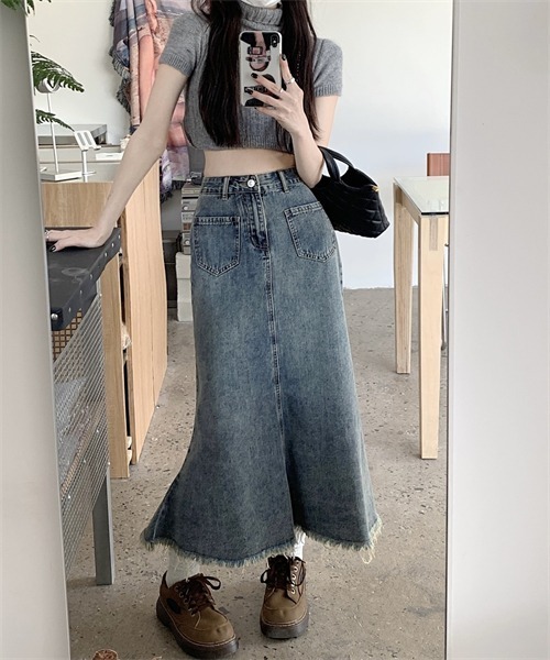 FREE STYLISTS デニムスカート 裾フリンジ マーメイドデニムスカート