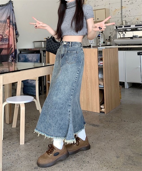 FREE STYLISTS デニムスカート 裾フリンジ マーメイドデニムスカート