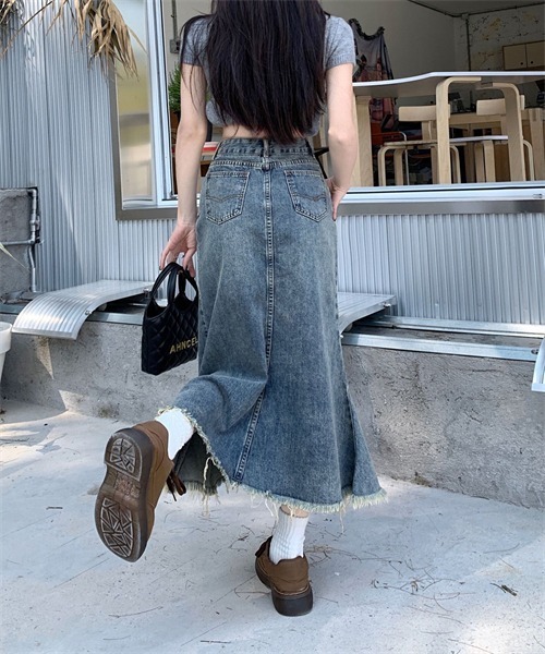 FREE STYLISTS デニムスカート 裾フリンジ マーメイドデニムスカート