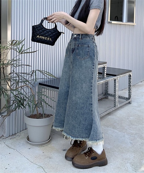 FREE STYLISTS デニムスカート 裾フリンジ マーメイドデニムスカート