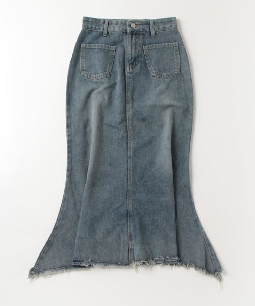 デニムフリンジマキシスカート デニムスカート fringe stitch denim long skirt /フリンジパターン