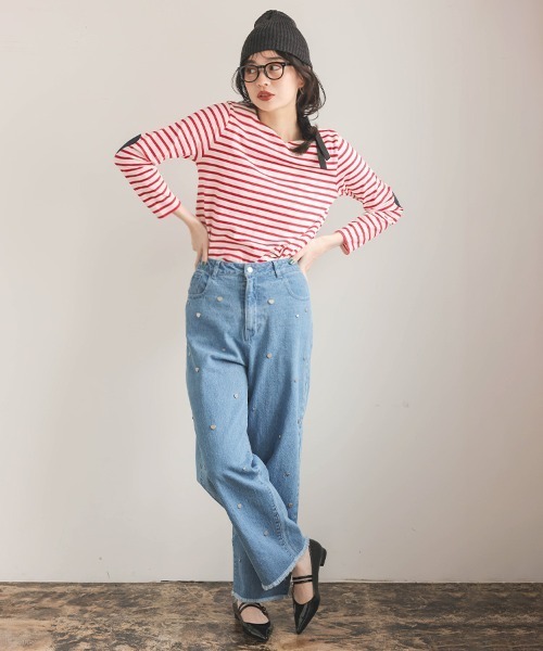 【Donoban】ハートネックボーダートップス セール】ハートネックボーダートップス（Tシャツ/カットソー