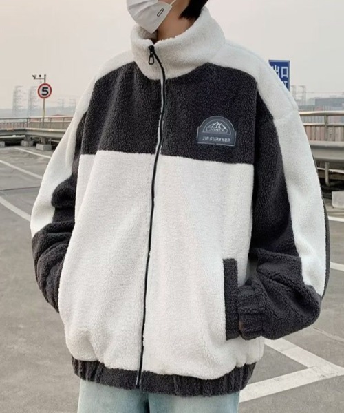 link lot ブルゾン アウター 配色切り替えワッペン付きボアフリース