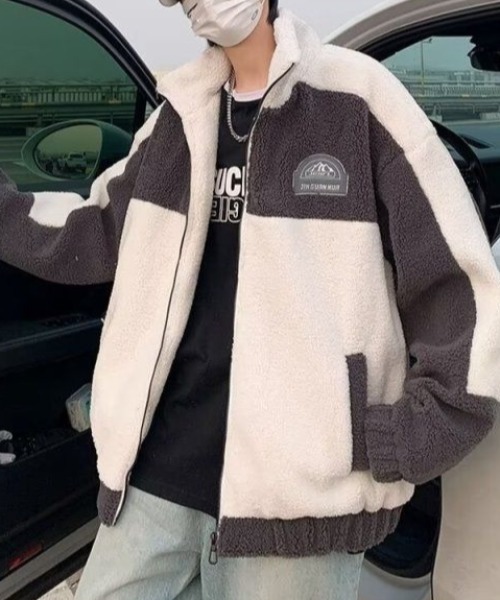 link lot ブルゾン アウター 配色切り替えワッペン付きボアフリース