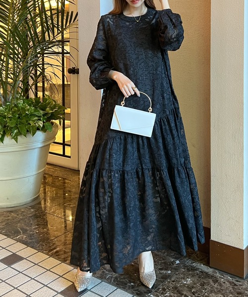 美品　リルリリー　PAIN フラワージャガードドレスコート黒　ロングワンピース 美品 リルリリー PAIN フラワージャガードドレスコート黒 ロング