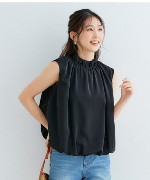 ブラウス シャツ 小さいサイズ　ハイネックギャザーノースリバルーンブラウス　低身長さん・小柄女性 レディース