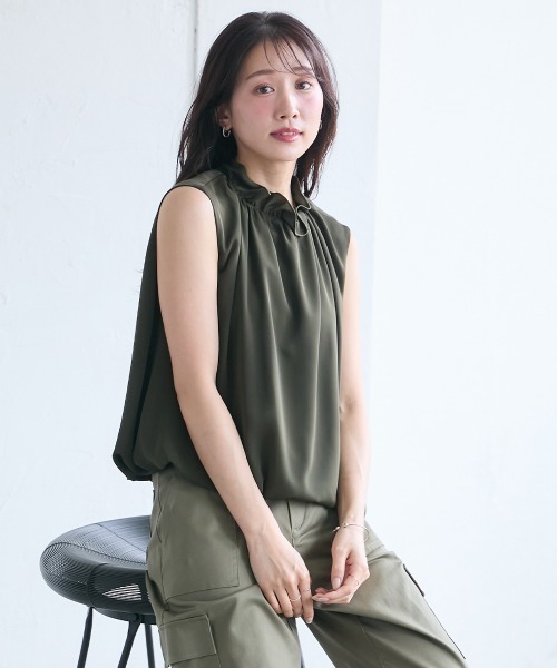 ブラウス シャツ 小さいサイズ　ハイネックギャザーノースリバルーンブラウス　低身長さん・小柄女性 レディース 小さいサイズ ハイネックギャザーノースリバルーンブラウス 低
