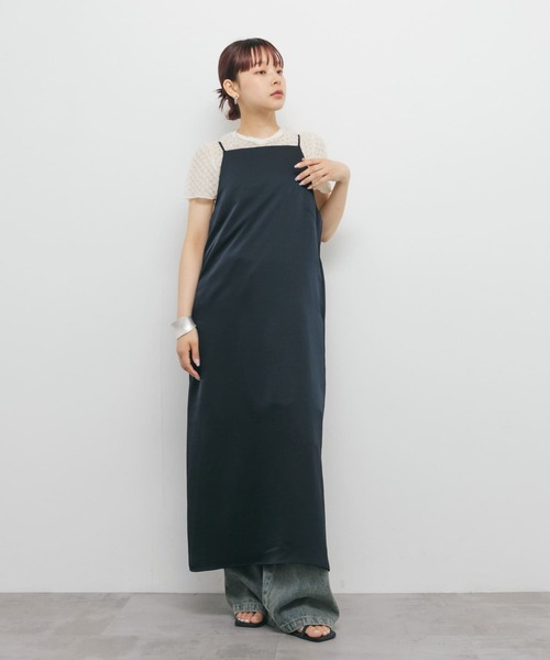 yaeブラック サテンキャミワンピース ロング 美品38 セール】 フリルチュールサテンキャミワンピース （ロング