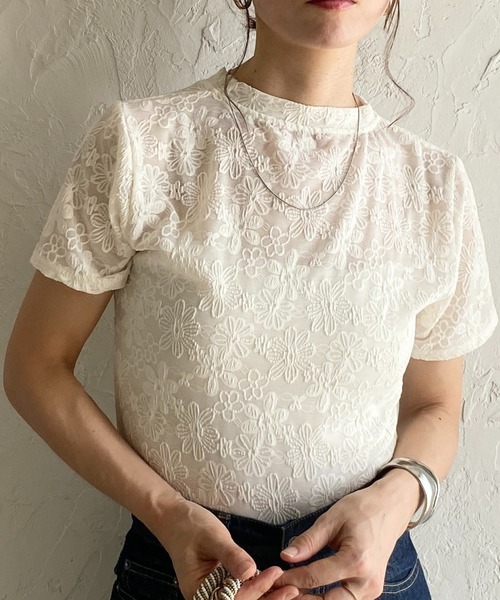 draw drawers花柄 リブ ショート丈 半袖 Tシャツ She's Closet tシャツ 半袖 半袖ショート丈花柄Tシャツ/シアートップス