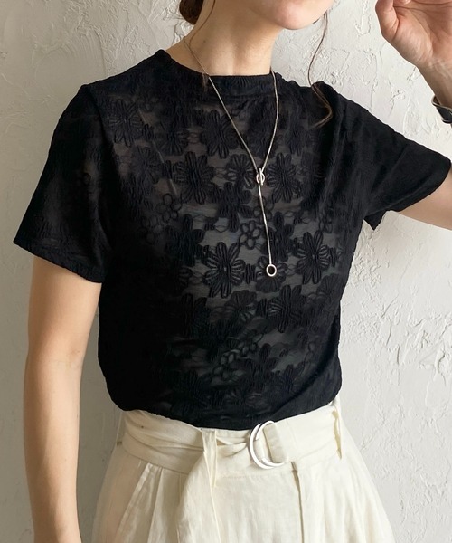 She's Closet tシャツ 半袖ショート丈花柄Tシャツ/シアートップス