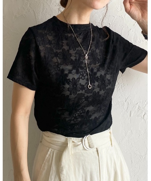 チャコット　レースTシャツ　花柄　黒 She's Closet tシャツ 半袖ショート丈花柄Tシャツ/シアートップス