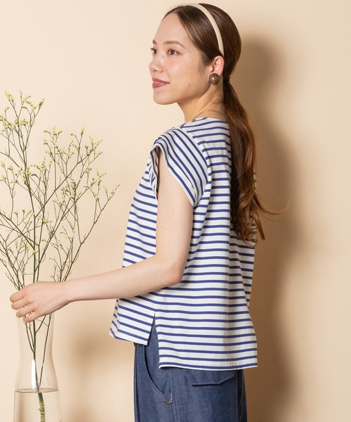 tシャツ ラメボーダー天竺 レイヤードショルダーTEE レディース