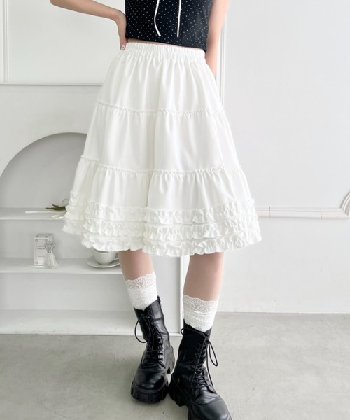 Jane Marple フリル付きホワイトスカート Mサイズ Loueme スカート 裾フリルティアードミディスカート : ZOZOTOWN Yahoo