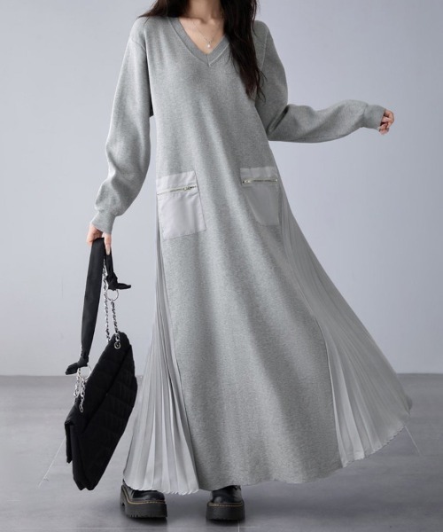 ワンピース Vネック×サイドプリーツロングワンピース : ZOZOTOWN Yahoo