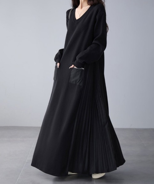 ワンピース Vネック×サイドプリーツロングワンピース : ZOZOTOWN Yahoo