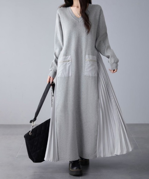 ワンピース Vネック×サイドプリーツロングワンピース : ZOZOTOWN Yahoo