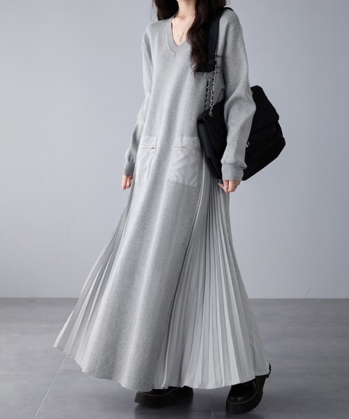 ワンピース Vネック×サイドプリーツロングワンピース : ZOZOTOWN Yahoo