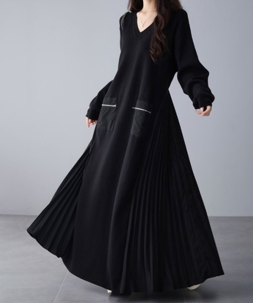 未使用　社交ダンス黒ワンピースVネック 長袖 ワンピース Vネック×サイドプリーツロングワンピース : ZOZOTOWN Yahoo