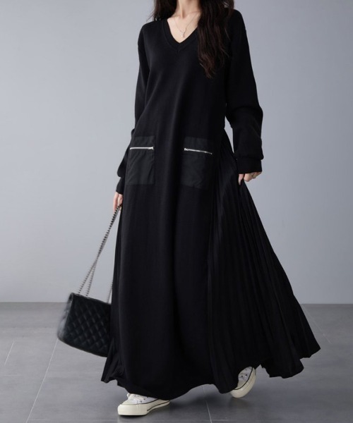 ワンピース Vネック×サイドプリーツロングワンピース : ZOZOTOWN Yahoo