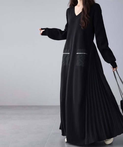 ワンピース Vネック×サイドプリーツロングワンピース : ZOZOTOWN Yahoo