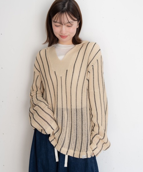 bashful base Oriental パーカー 「bbO」ストライプニットパーカー