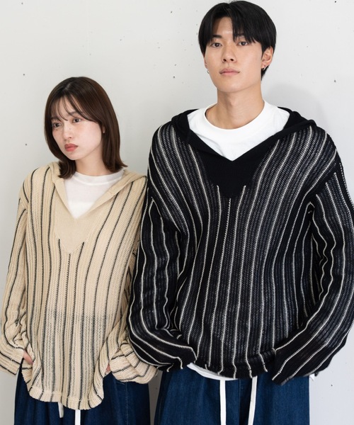 bashful base Oriental パーカー 「bbO」ストライプニットパーカー