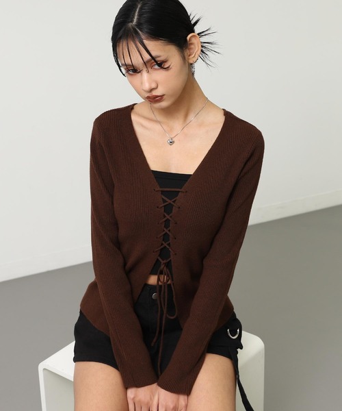 ドルチェ＆ガッバーナ　レースアップデザイン　ブラックニット 40　リブニット STYLEMIXER | レースアップリブニットトップ (ニット ) |SHEL'TTER