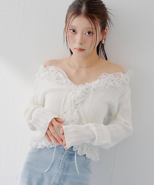 who's who Chico 透かし柄オフショルニット フリルKNITショーツ who's who Chico】【水着/ショーツ】フリルニットショーツ | OUTLET