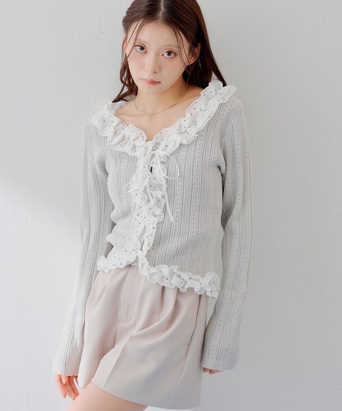 who's who Chico 透かし柄オフショルニット フリルKNITショーツ who's who Chico】【水着/ショーツ】フリルニットショーツ | OUTLET