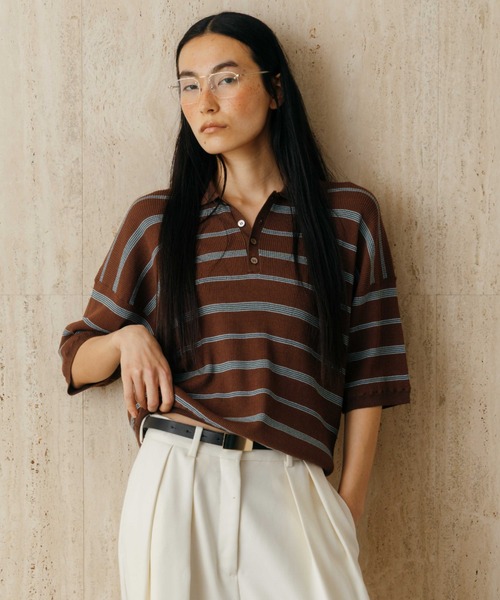 tシャツ MULCH BORDER KNIT POLO/マルチバーダーニットポロ レディースの画像
