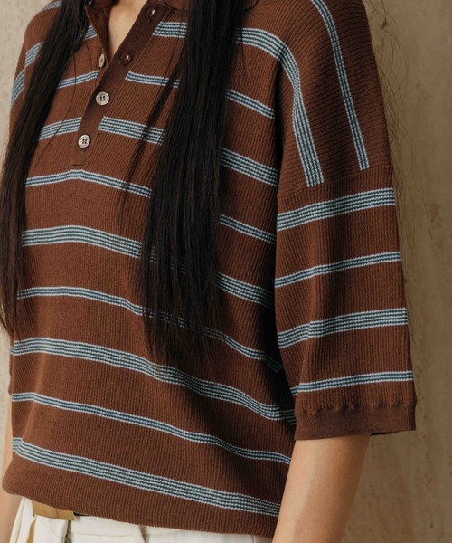 tシャツ MULCH BORDER KNIT POLO/マルチバーダーニットポロ レディースの画像