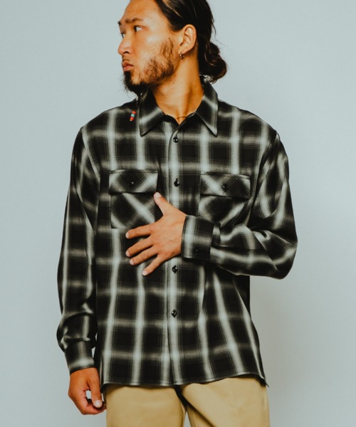 『美品』BIG MIKE(ビッグマイク)レーヨンミックスオンブレチェックシャツ BIG MIKE（ビッグマイク） チェックシャツ 長袖 シャツ レーヨン