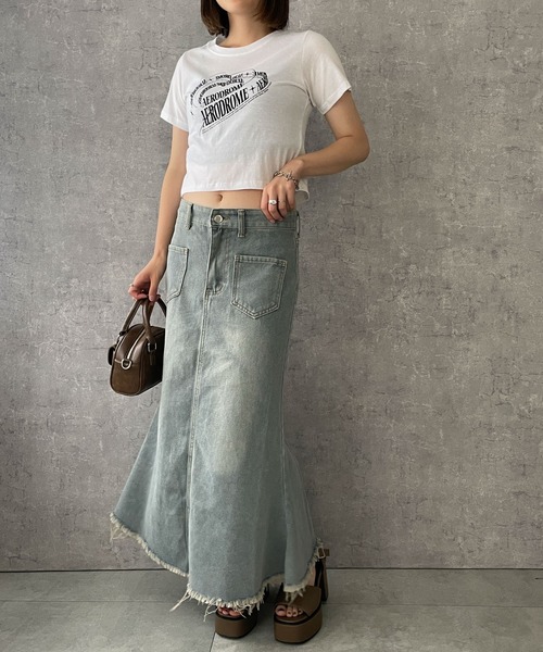 スカート デニム DISPARK/「24年春夏新作」デニムフリンジフレア  