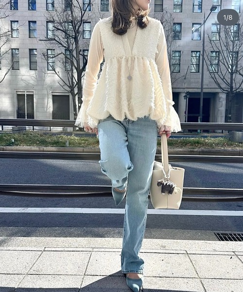 each alchemist ベスト ジレ 深Vネックフリンジジャガードバルーン