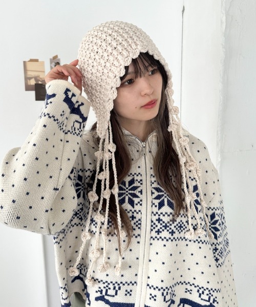 CLEA ニット帽 ニットキャップ ポンポン付きフードニットキャップ